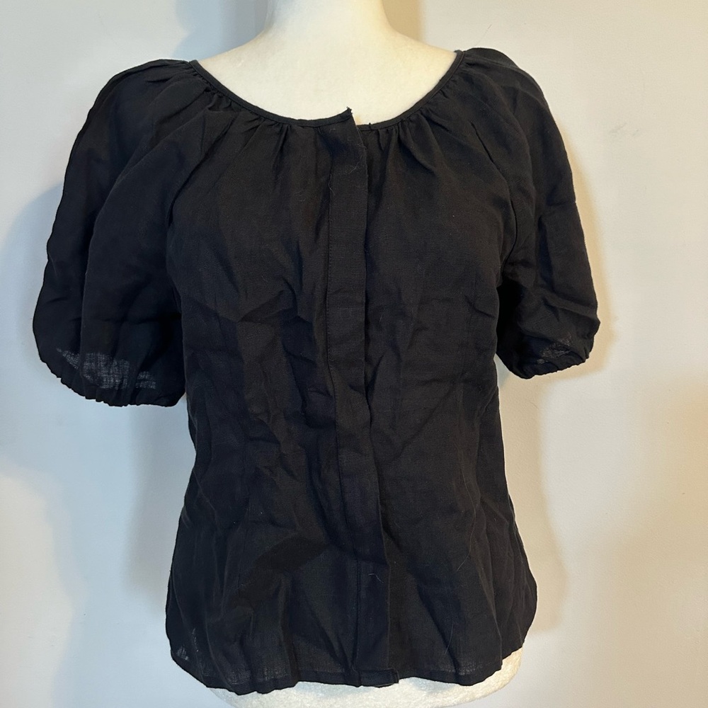 J. Crew Black Puff Sleeve Linneb Blouse